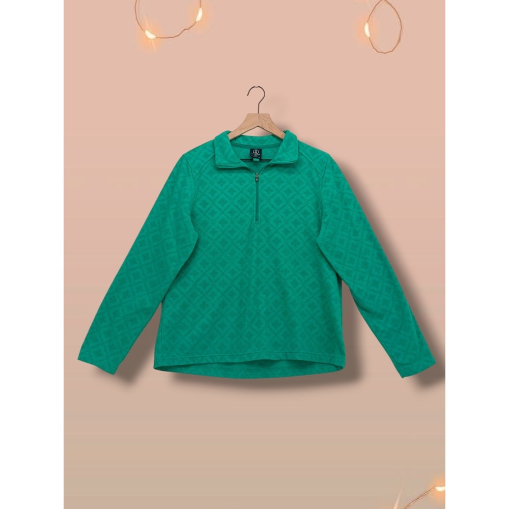 Lands End Textured Diamond Fleece Quarter Zip Pullover Green Size M 10-12